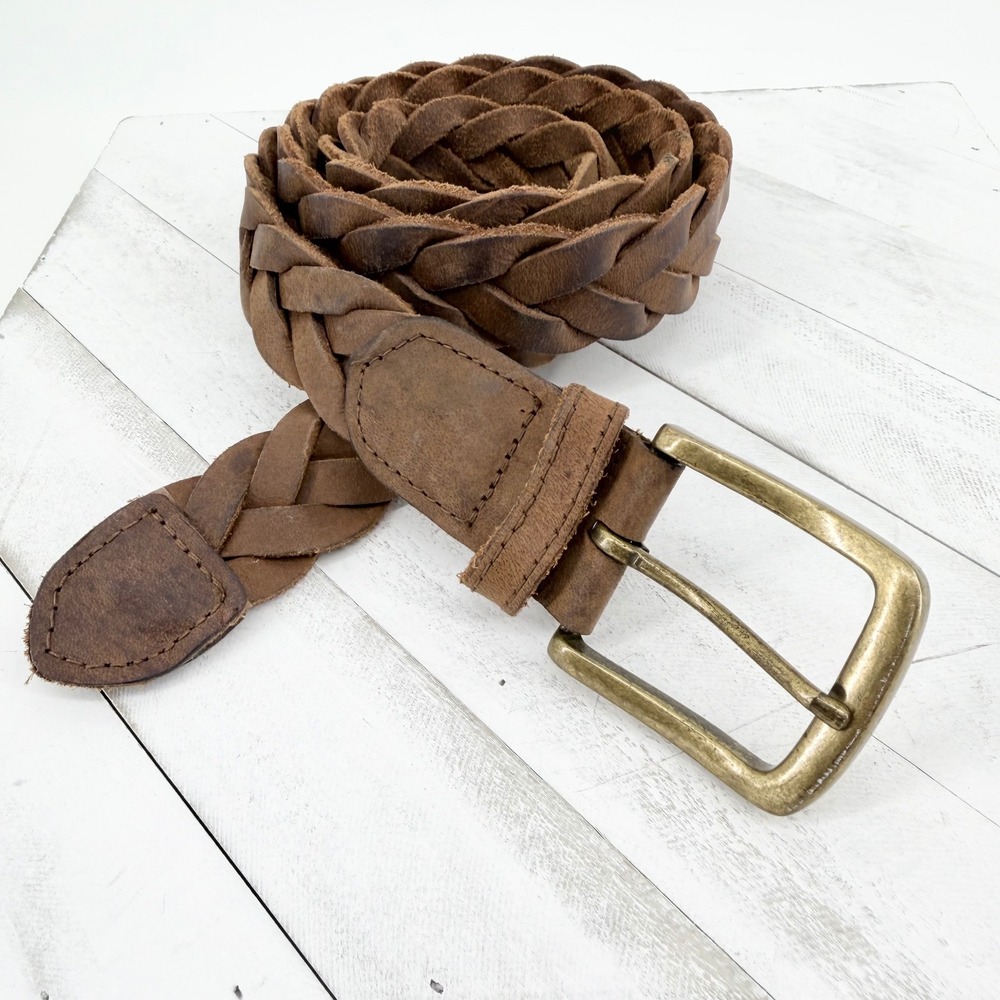 Old Navy Mens 38 Braided Leather Belt Brown Woven Cowhide Solid Brass Buckle